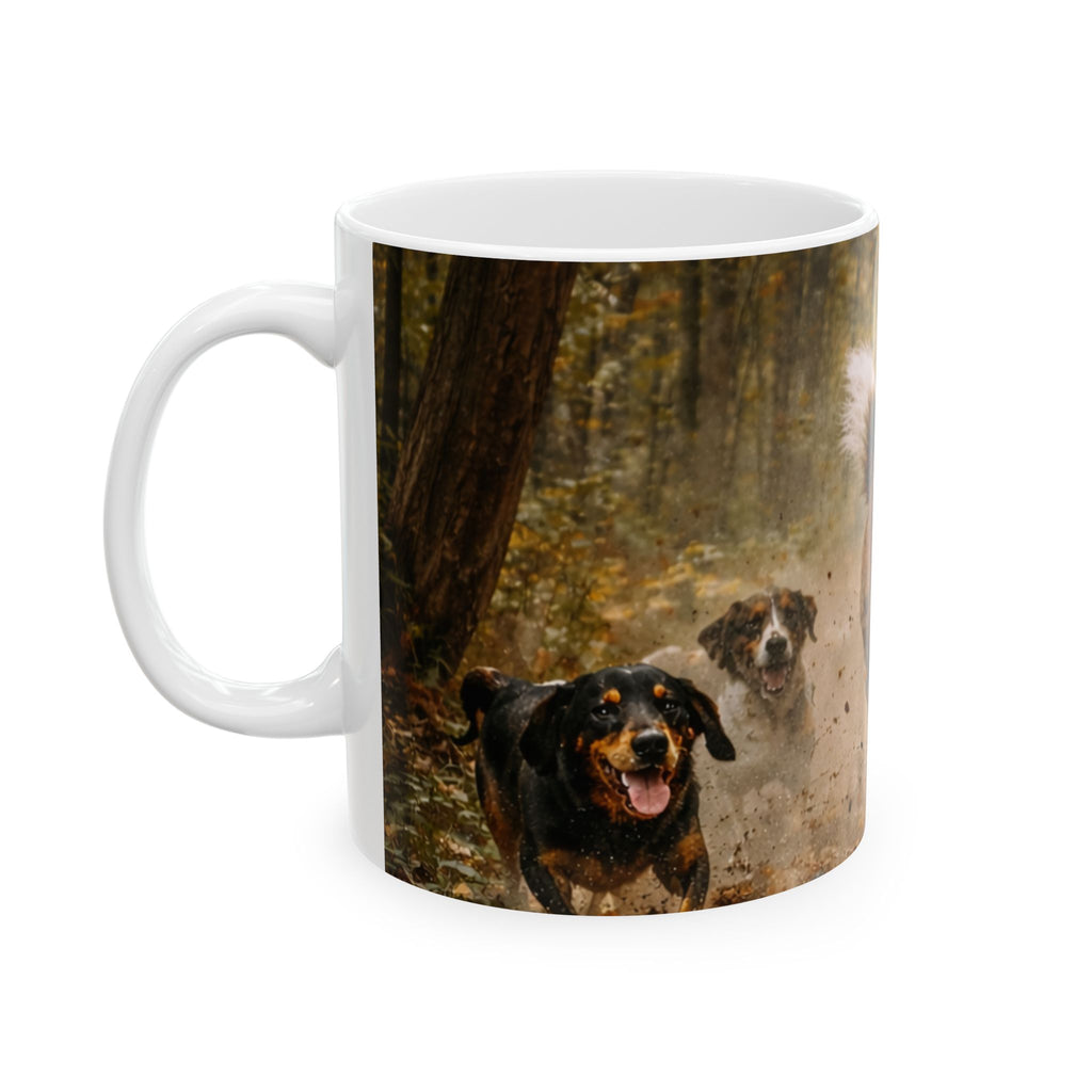 Running Deer and Dog Illustration Mug | Wildlife Scene Ceramic Mug