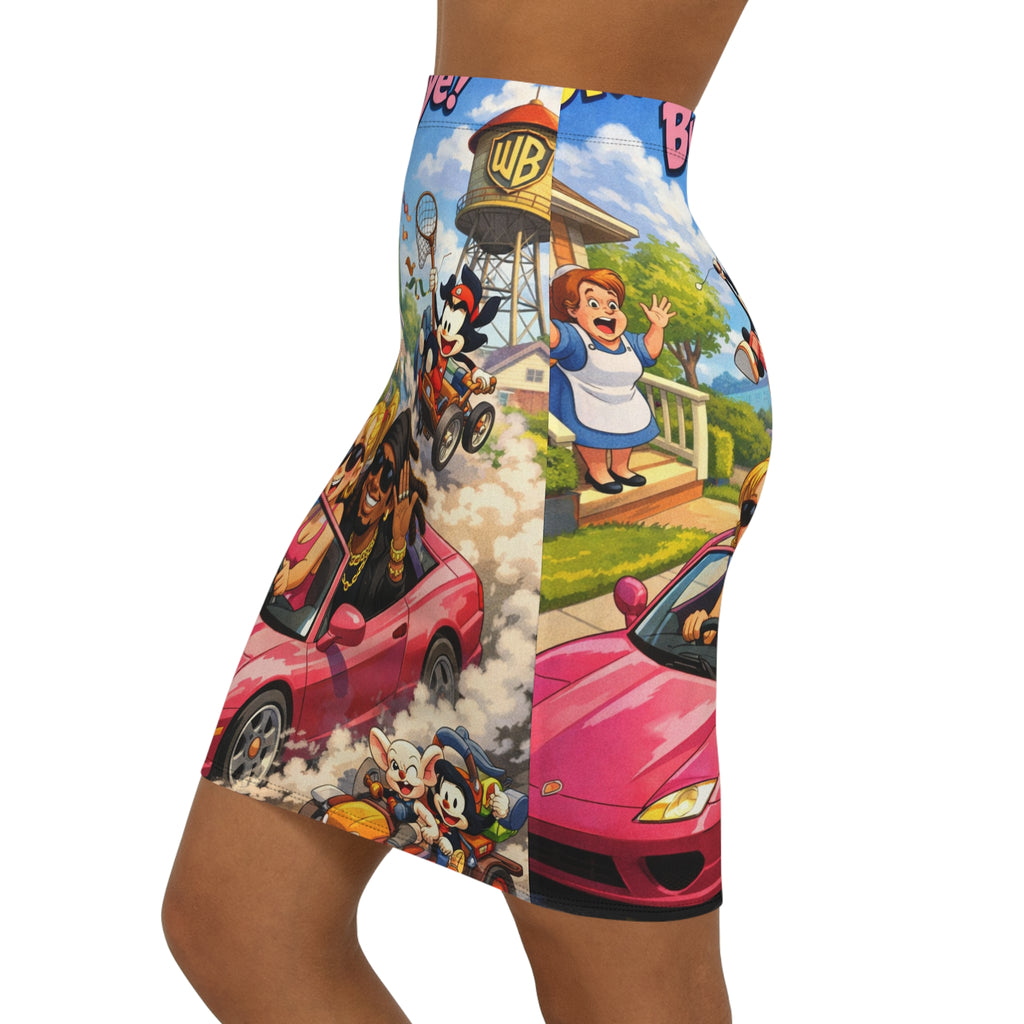 Women's Pencil Skirt — Retro Cartoon 'Bye-Bye' Driving Scene All-Over Print