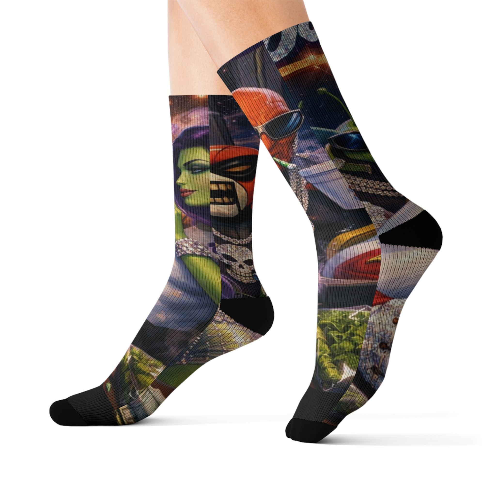 Alien Graffiti Sublimation Socks – Colorful Space Monster Crew Socks