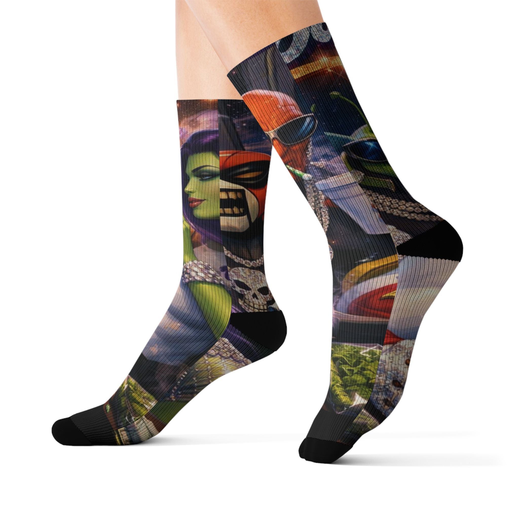 Alien Graffiti Sublimation Socks – Colorful Space Monster Crew Socks