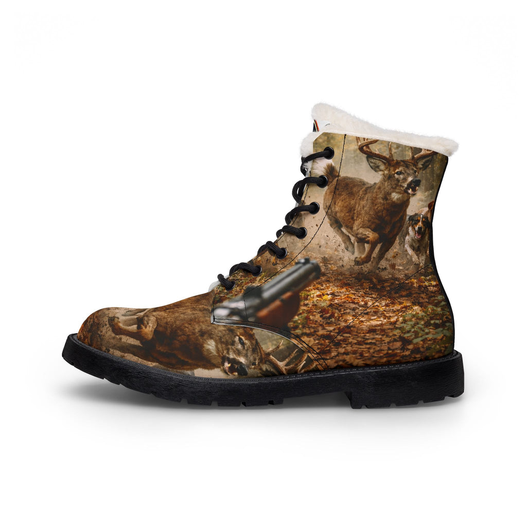 Men's Fur-Lined Hunting Leather Boots — Deer & Shotgun Print, Insulated Winter Work Boots