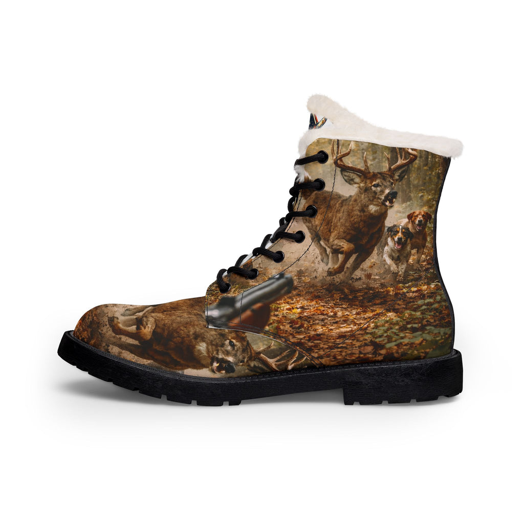 Men's Fur-Lined Hunting Leather Boots — Deer & Shotgun Print, Insulated Winter Work Boots