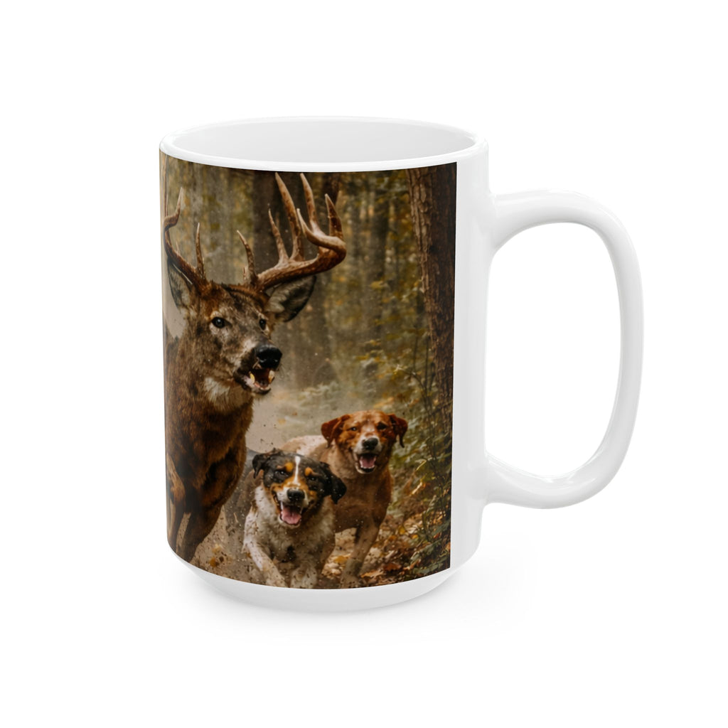 Running Deer and Dog Illustration Mug | Wildlife Scene Ceramic Mug