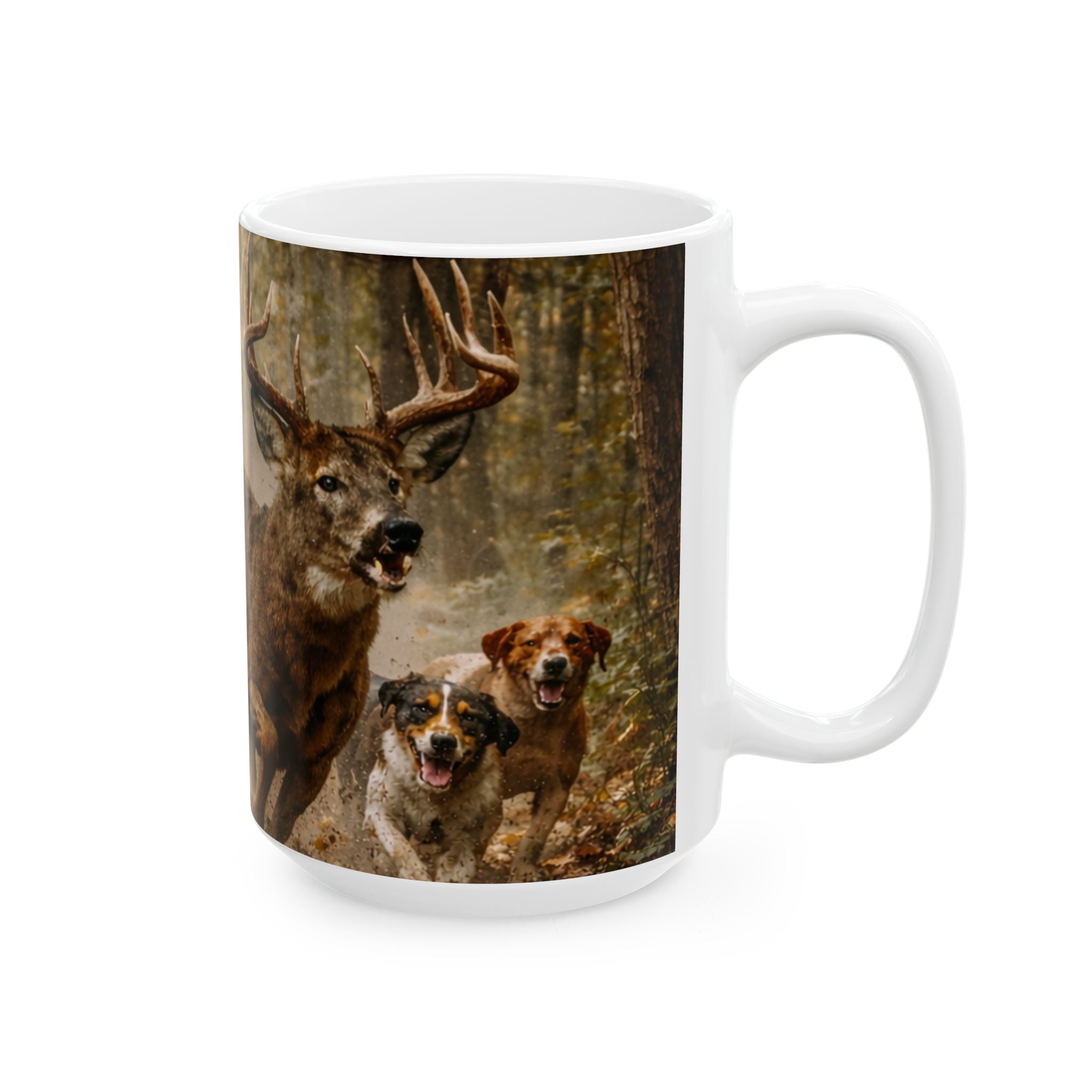Running Deer and Dog Illustration Mug | Wildlife Scene Ceramic Mug