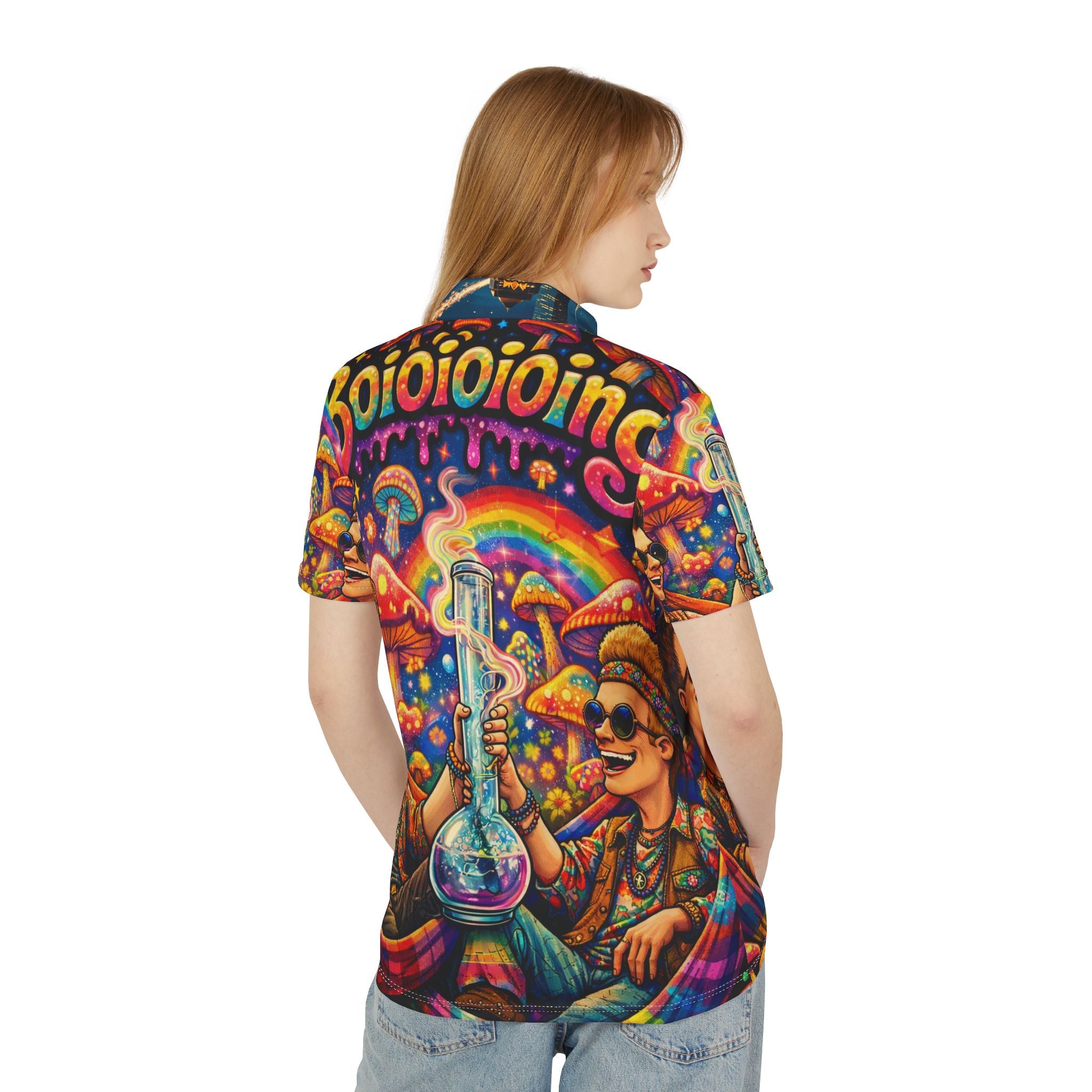 Psychedelic B&B Polo Shirt — Colorful Mushroom & Rainbow AOP