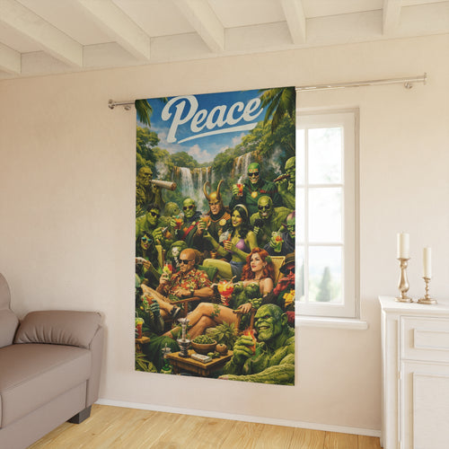 "Peace" Superheroes and Villains Window Curtain | Tropical Waterfall Scene