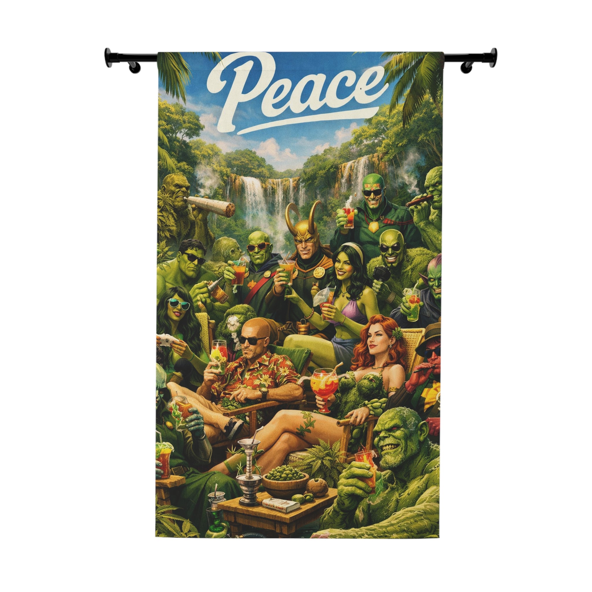 "Peace" Superheroes and Villains Window Curtain | Tropical Waterfall Scene