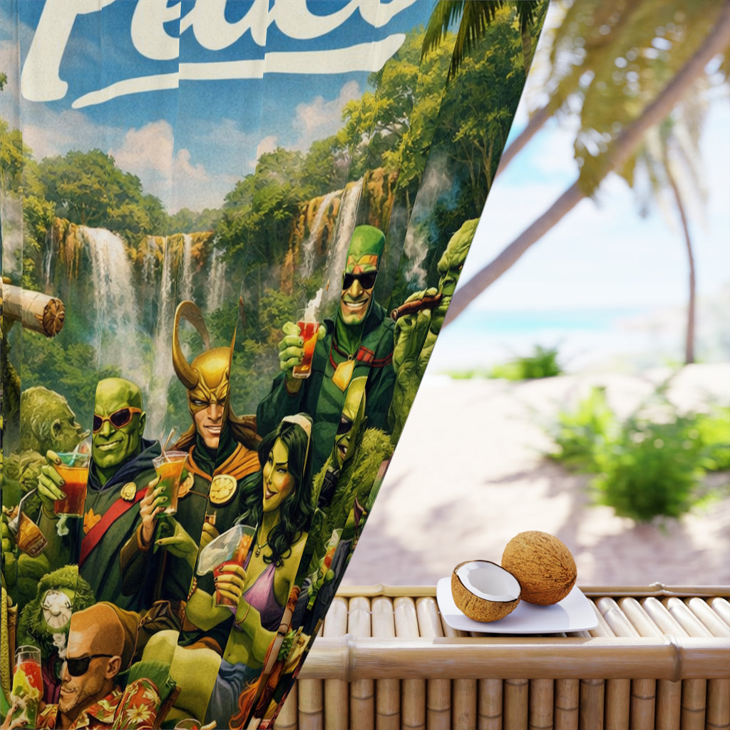 "Peace" Superheroes and Villains Window Curtain | Tropical Waterfall Scene