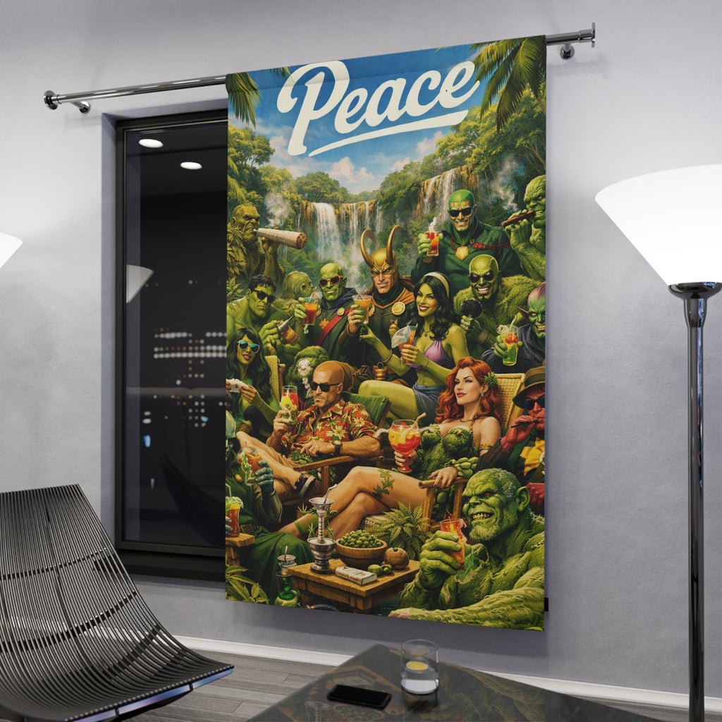 "Peace" Superheroes and Villains Window Curtain | Tropical Waterfall Scene