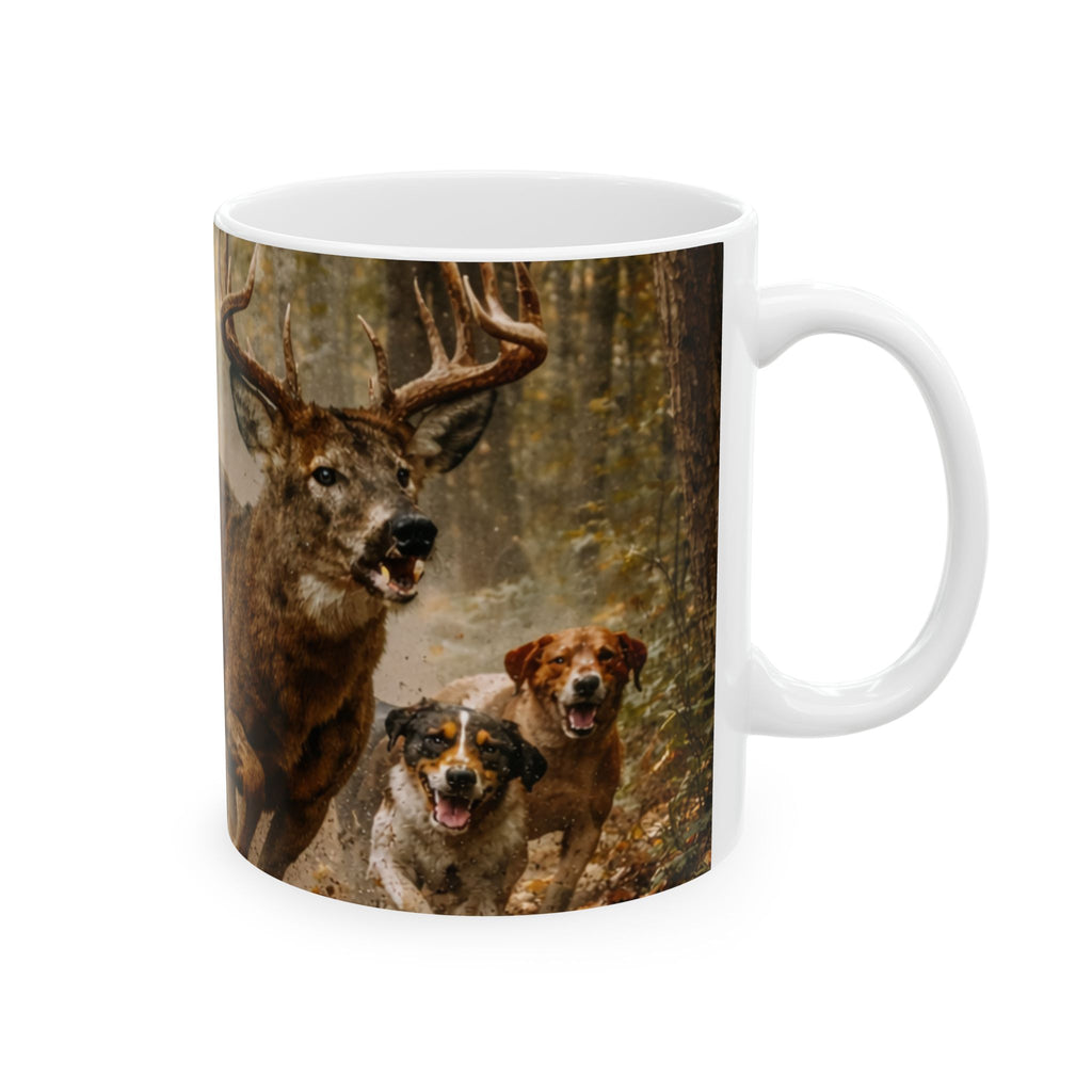 Running Deer and Dog Illustration Mug | Wildlife Scene Ceramic Mug