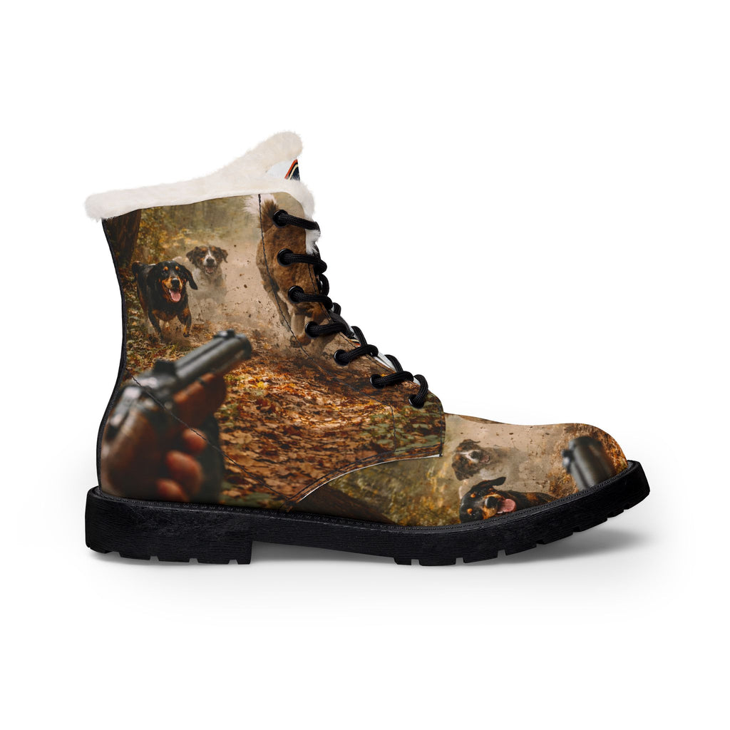 Men's Fur-Lined Hunting Leather Boots — Deer & Shotgun Print, Insulated Winter Work Boots