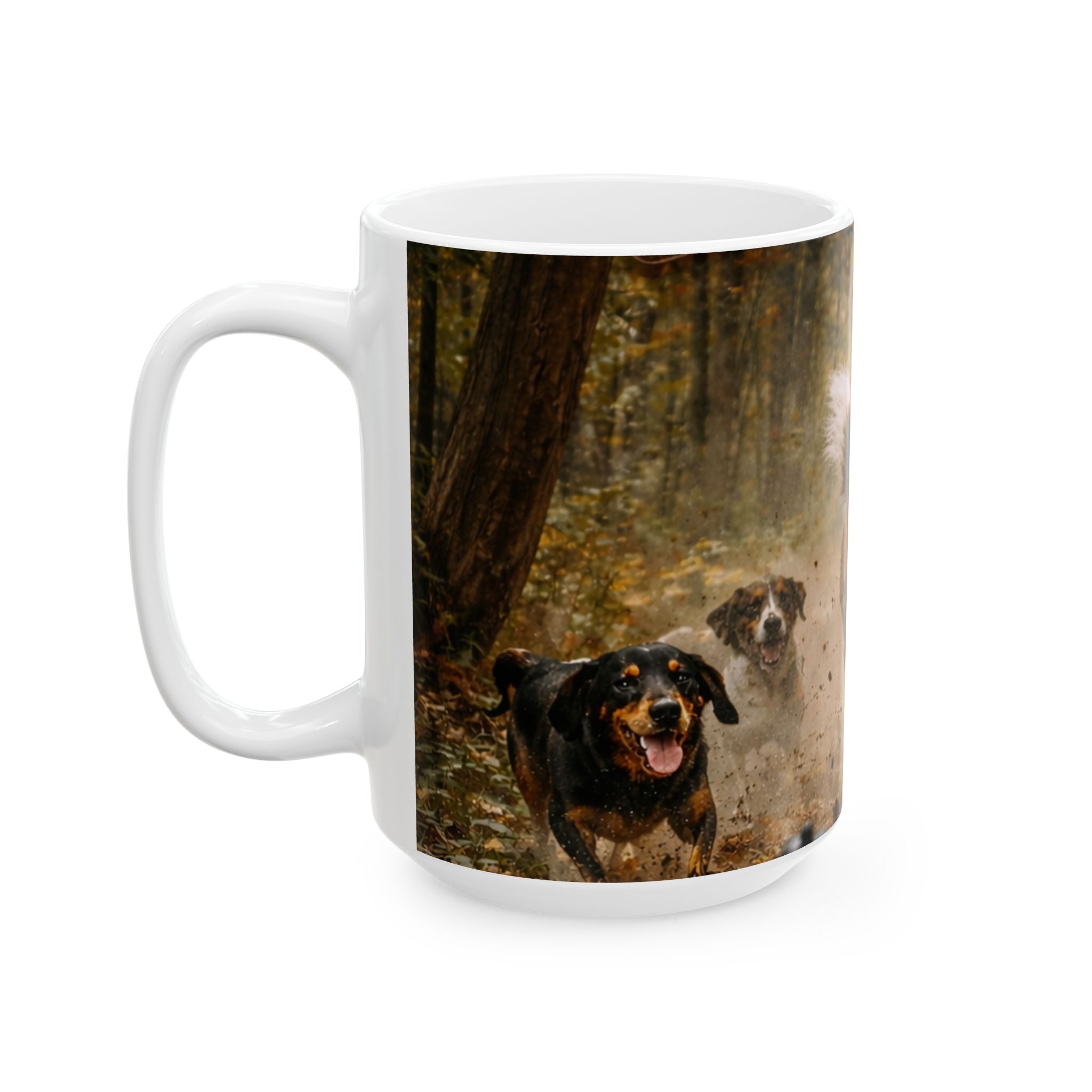 Running Deer and Dog Illustration Mug | Wildlife Scene Ceramic Mug