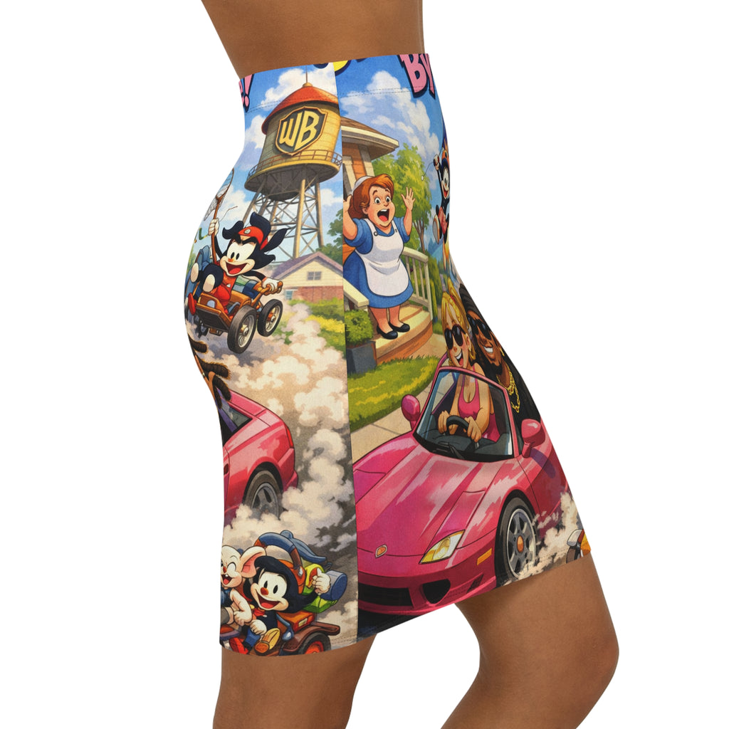 Women's Pencil Skirt — Retro Cartoon 'Bye-Bye' Driving Scene All-Over Print