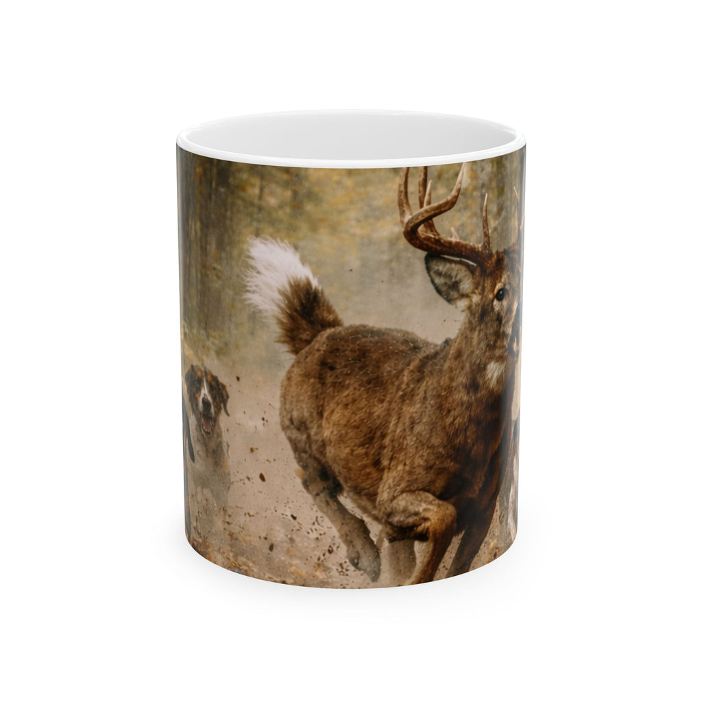 Running Deer and Dog Illustration Mug | Wildlife Scene Ceramic Mug