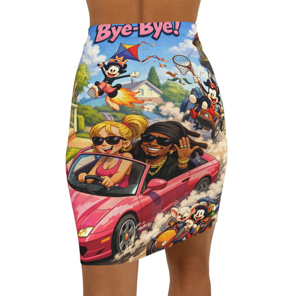 Women's Pencil Skirt — Retro Cartoon 'Bye-Bye' Driving Scene All-Over Print