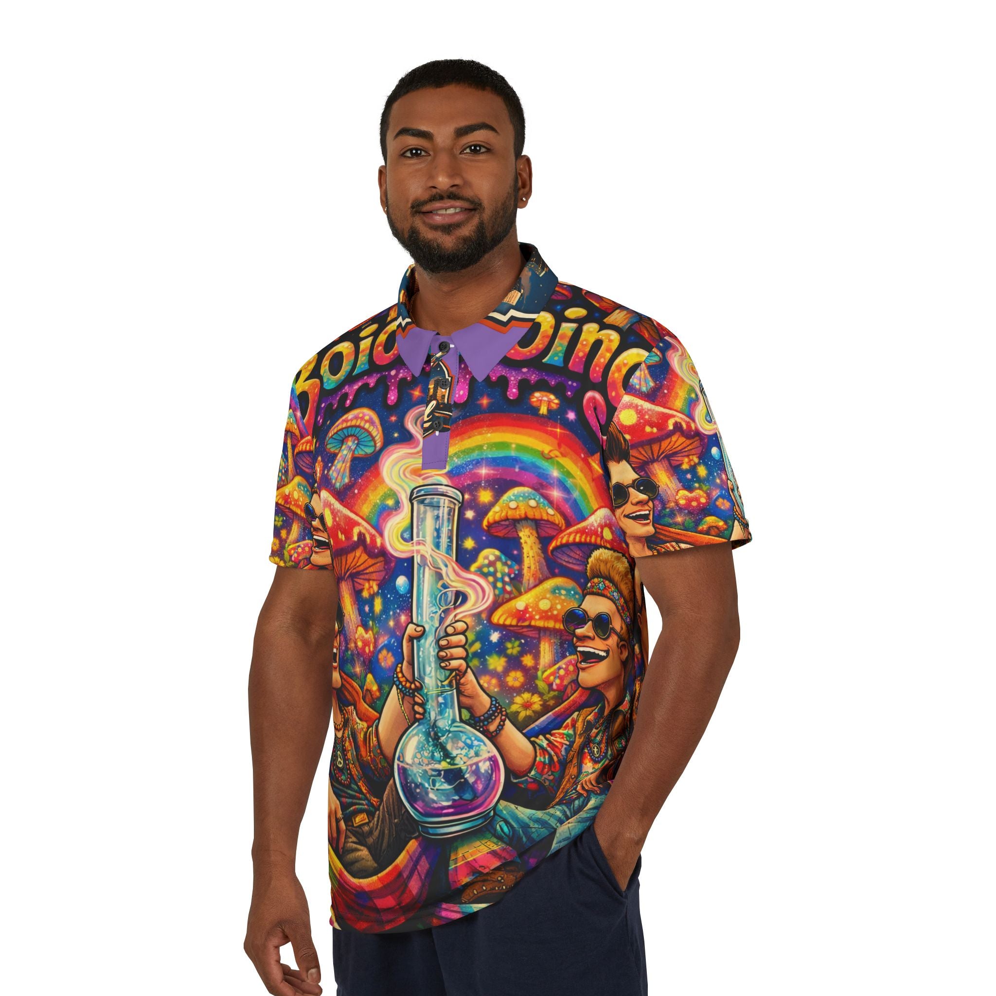 Psychedelic B&B Polo Shirt — Colorful Mushroom & Rainbow AOP