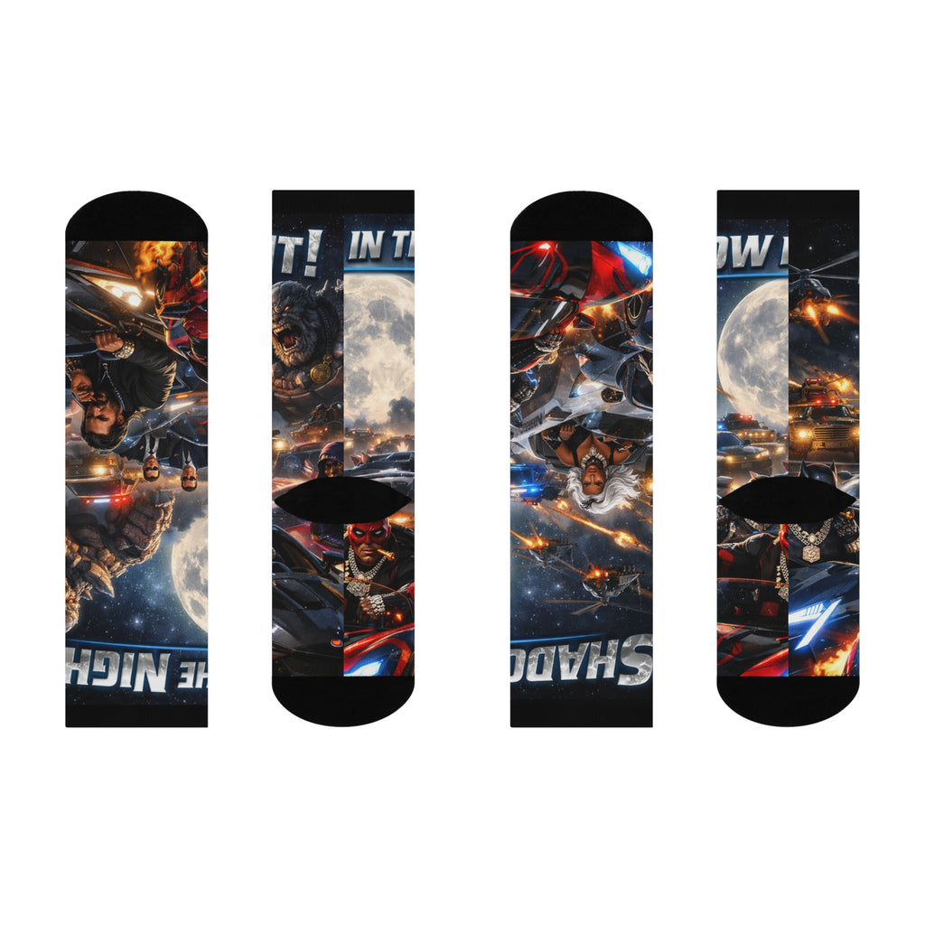 Superhero Team Graphic Crew Socks — 'Night! Shadow' Comic Style Athletic Socks