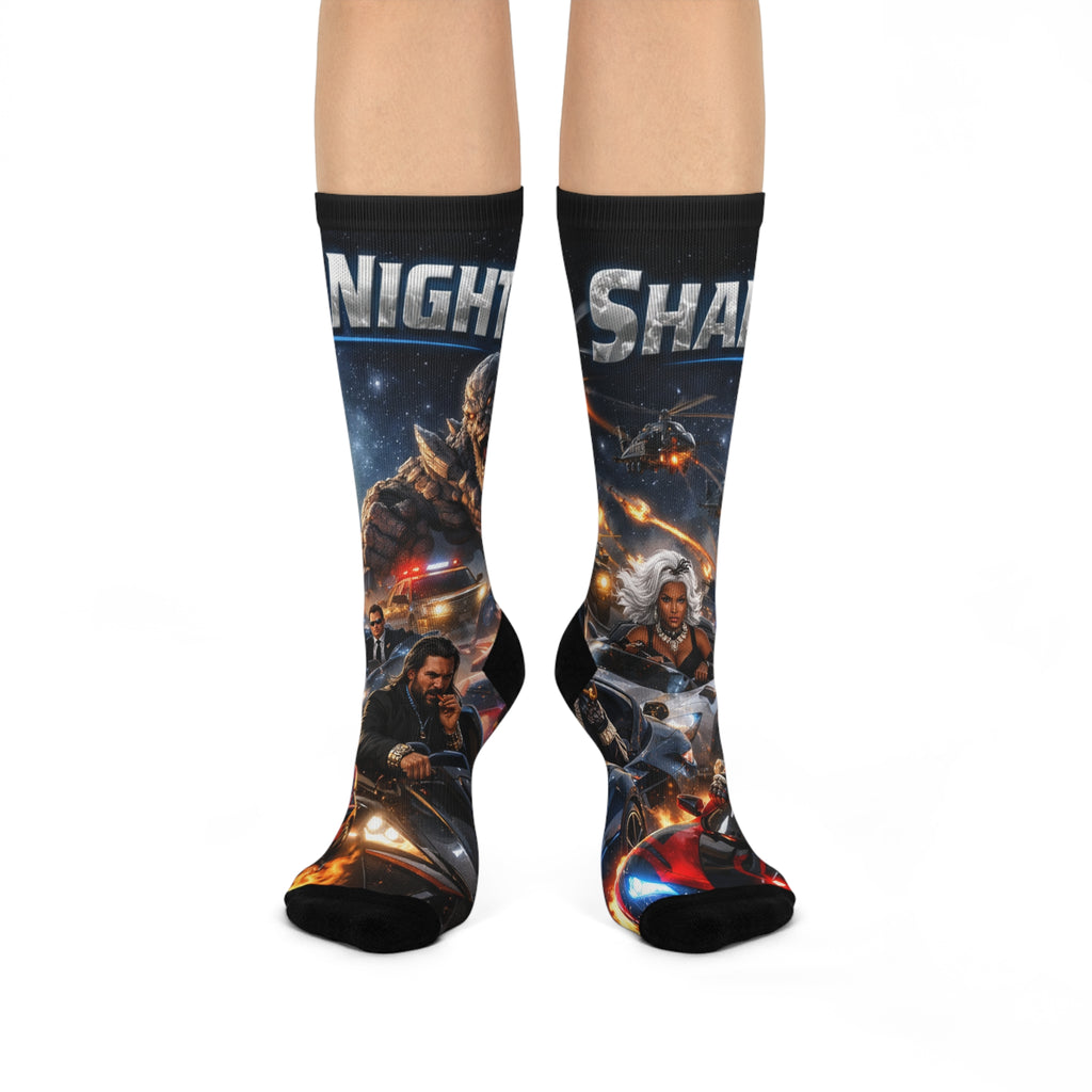 Superhero Team Graphic Crew Socks — 'Night! Shadow' Comic Style Athletic Socks